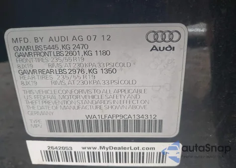 2012 Audi Q5 2.0T Premium из США, поврежденный, VIN WA1LFAFP9CA134312